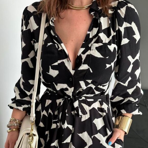 ZARA Black & White Abstract Print Midi Crepe-Like Shirt Dress | Belted, Size XXL - Picture 3 of 12